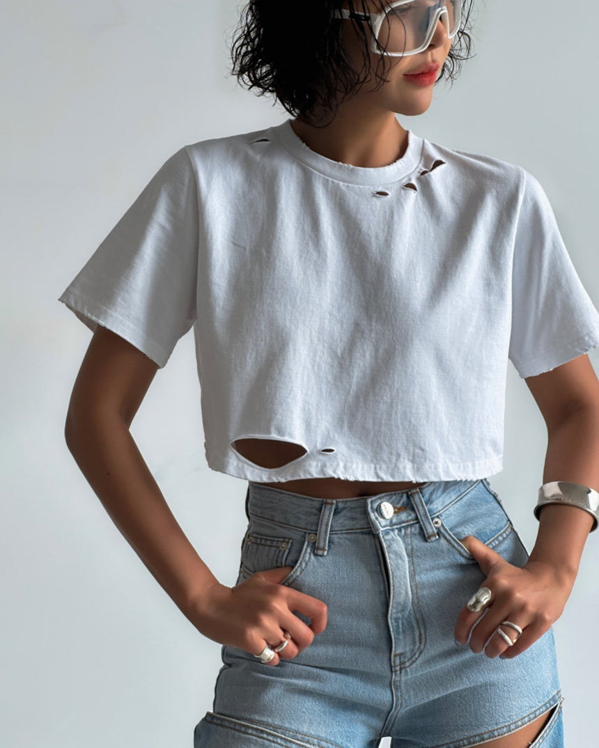 PAPERMOON / cropped pigment cutted detail t - shirt / NEW / white