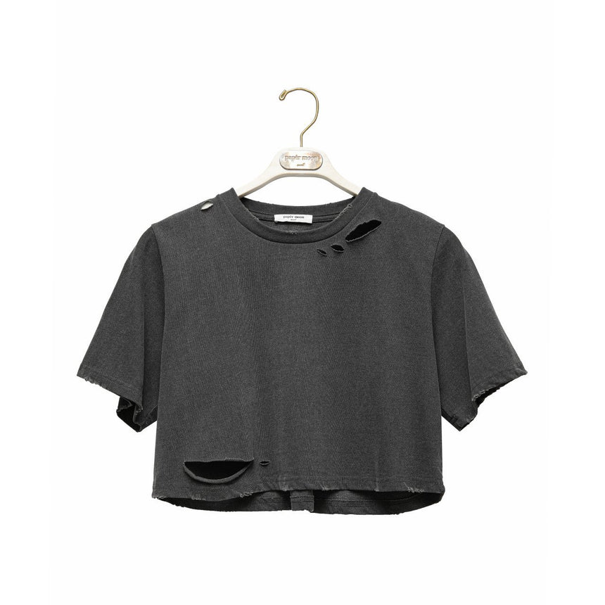PAPERMOON / cropped pigment cutted detail t - shirt / NEW / charcoal