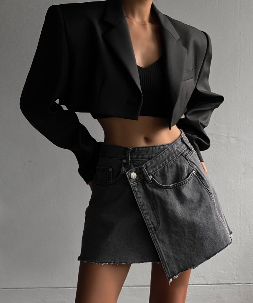 Unbalanced Wrap Detail Denim Mini Skirt (PAPERMOON)