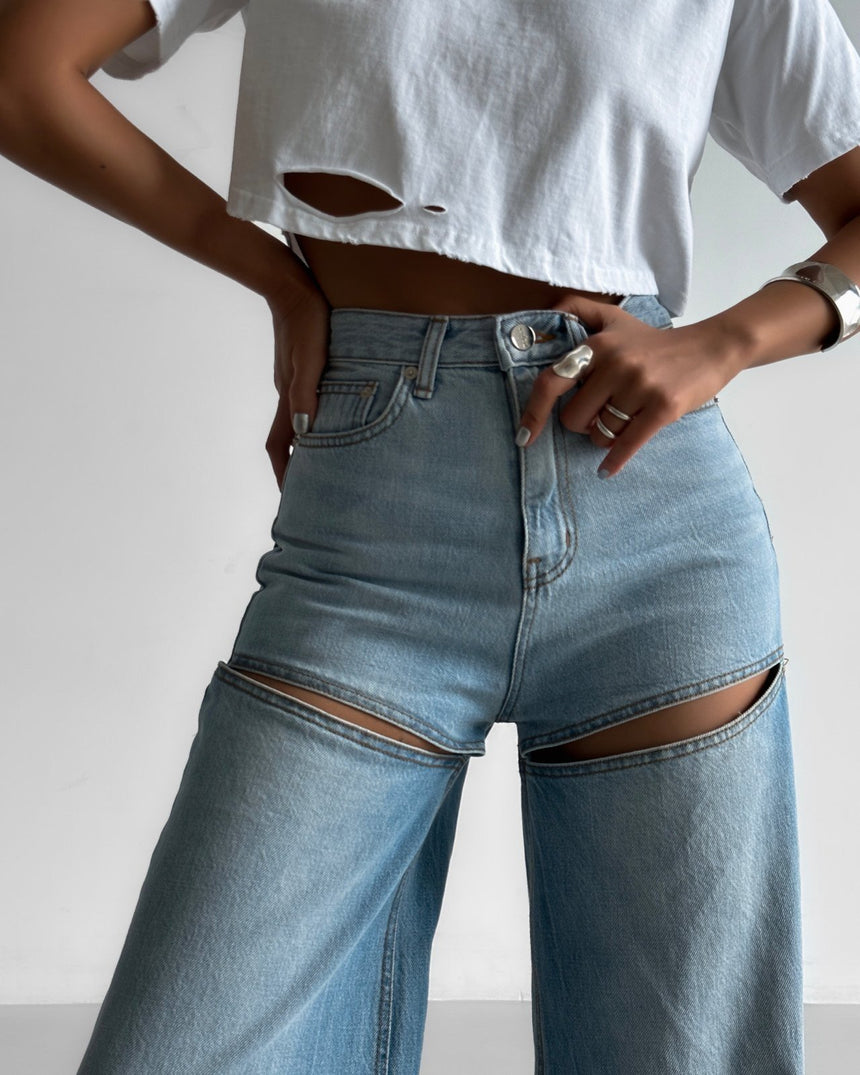 PAPERMOON / front cut split wide blue denim jeans / NEW