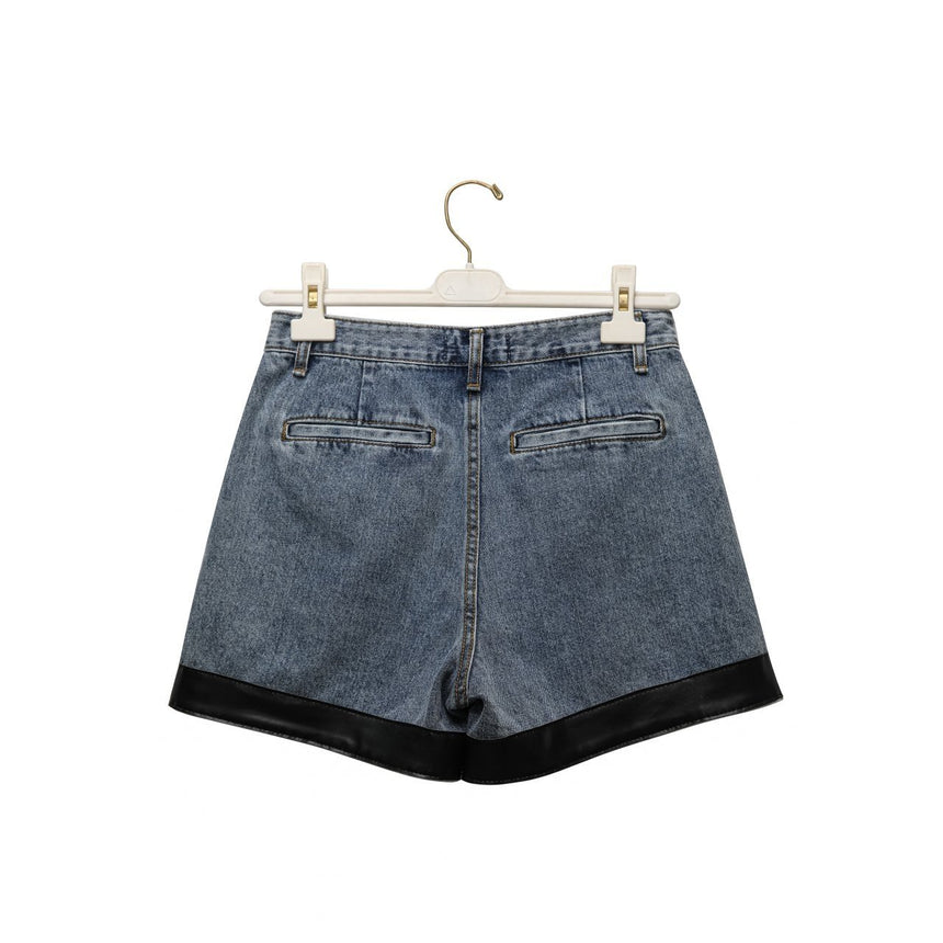 PAPERMOON / leather bi - color denim pin - tuck shorts / blue denim X black / NEW
