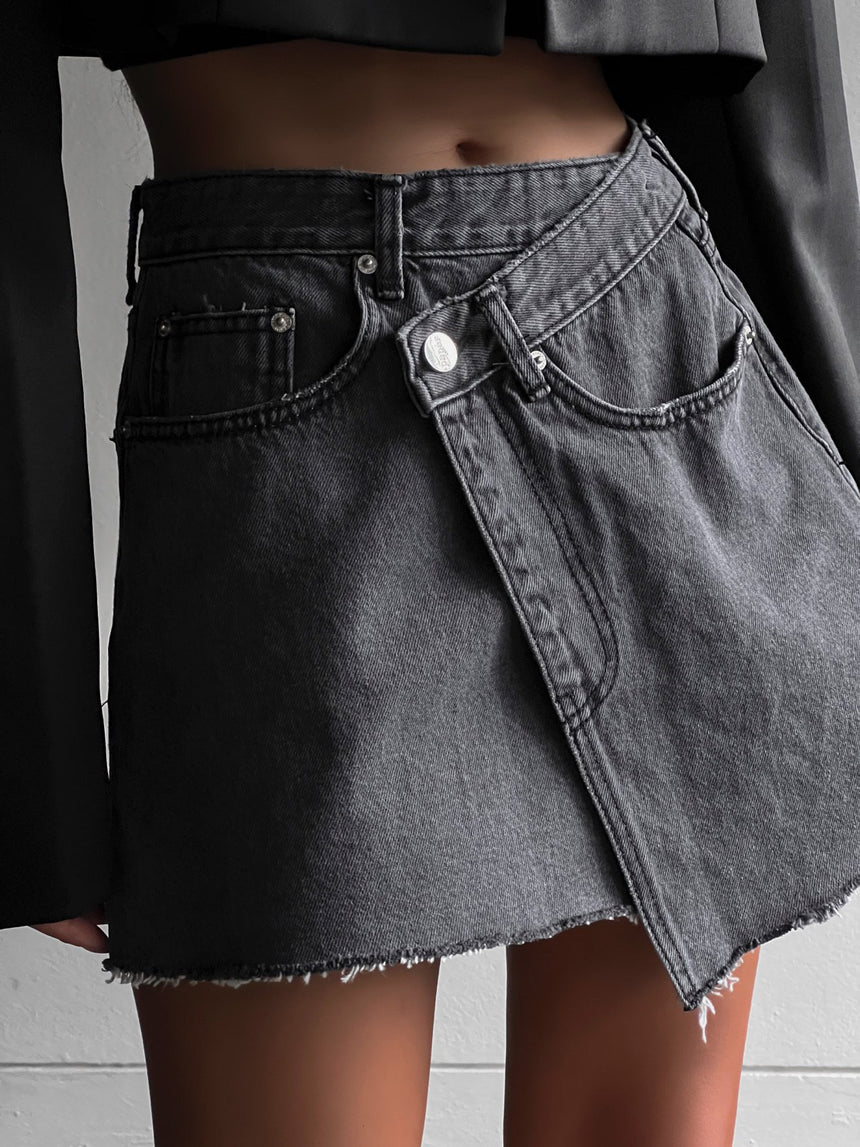 Unbalanced Wrap Detail Denim Mini Skirt (PAPERMOON)
